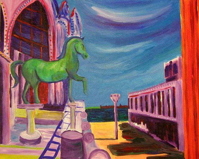 Jeanie Merila  'Horse At St Marks Cathedral ', created in 2003, Original Watercolor.
