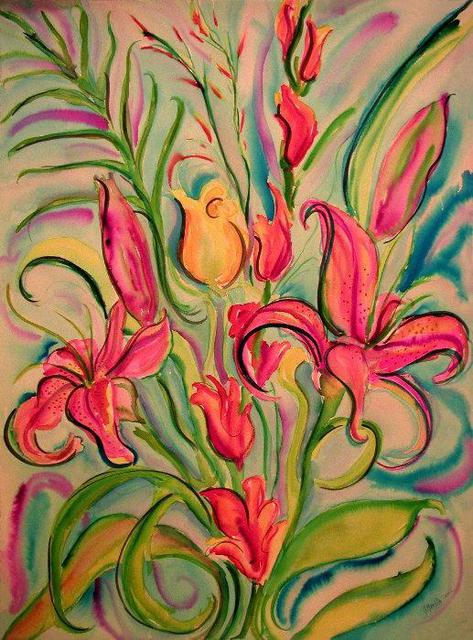 Artist Jeanie Merila. 'Lilys With Yellow Rose' Artwork Image, Created in 2002, Original Watercolor. #art #artist