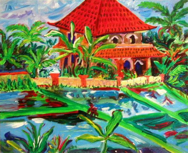 Artist Jeanie Merila. 'Ubud House And Rice Field' Artwork Image, Created in 2002, Original Watercolor. #art #artist
