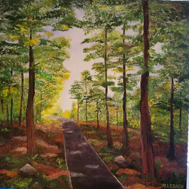 Jo Allebach: 'bike path', 2019 Acrylic Painting, Landscape. Artist Description: The forest is such a lovely place to take a bike ride on the path. The dappled sun keeps it just the right temperture for a delightful day. ...