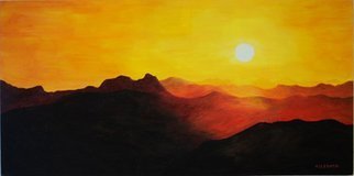 Jo Allebach: 'destination', 2011 Acrylic Painting, Landscape.  Red, yellow, orange sunset over mountain ranges ...