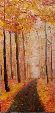 Jo Allebach: 'foggy autumn morn', 2019 Acrylic Painting, Landscape. The cool foggy morning is in contrast to the brilliance of the golden and orange leaves of fall. Take a walk down the path and find out what is beyond the fog. ...