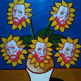 Fernando Javier  Cantera: 'BLUE OBSESSION ', 2017 Oil Painting, Fantasy. Artist Description: THIS PICTURE IS A HOMAGE TO VINCENT VAN GOGH.  SHOWS THE OBSESSION OF VAN GOGH FOR THE SUNFLOWERS TO THE EXTEND THAT HE SEES HIS FACE IN EACH SUNFLOWER AS A PORTRAIT.  OALS ON HARDBOARD, 50X70 CMS, 4 MM THICK, VARNISHED, UNFRAMEDJUST THE PAINTING.  FRAMING IS REQUIRED ...