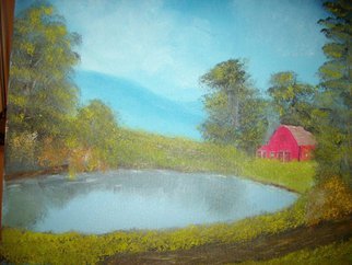 John Hughes: 'Red barn by a Pond', 2016 Oil Painting, Landscape. Original Oil Painting on Double Primed Cotton Canvas. Unframed. ...