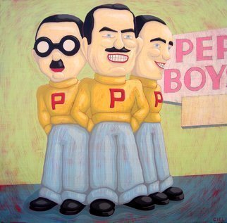 John Cielukowski: 'Manny Moe and Jack', 2016 Acrylic Painting, Vintage.  Pep BoysHistoricalColorfulGas StationAuto RepairNJNYNortheastrooftopfiguresstatuesign ...