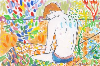 John Douglas: 'Poolside', 2015 Other Painting, People.  ink and gouache on paper. From a series Nature of Men.Nature of Men llcalendar 