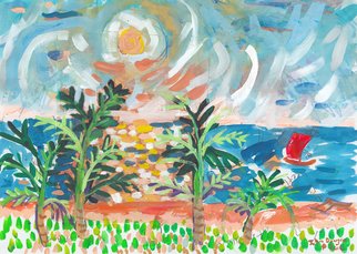 John Douglas: 'rred boat blue sea', 2016 Other Painting, Seascape. Sunset, Sri Lanka.Gouache, pen, newspaper collage on paper. From life. ...