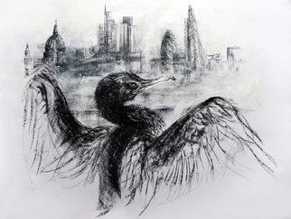 John Sharp: 'Cormorant Thames The City', 2016 Charcoal Drawing, Surrealism.  london, london skyline, cormorant, Thames, birds, large drawing, charcoal, ...