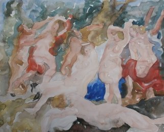 John Sims: 'Playing with Rubens ', 2015 Watercolor, Mythology.          Animalfantasyfigure  figurative, nude, girl, arthistory, mythology          ...