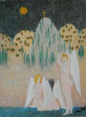 John Sims: 'bathing angels cyprus', 2009 Oil Pastel, Figurative. Another Cyprus winged figure dream in Oil Pastel on Paper...
