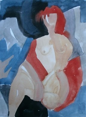 John Sims: 'red head', 2016 Watercolor, Abstract Figurative. Small watercolour on paper. She just appeared in my head. ...