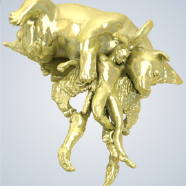 James Johnson: 'Bear and Mothman Rest', 2021 Other Sculpture, Figurative. Artist Description: Free shipping within the continental USA.  Gold plated bronze.  An ancient and contemporary myth join forces to caution us, They have been working over- time and now they must rest.  