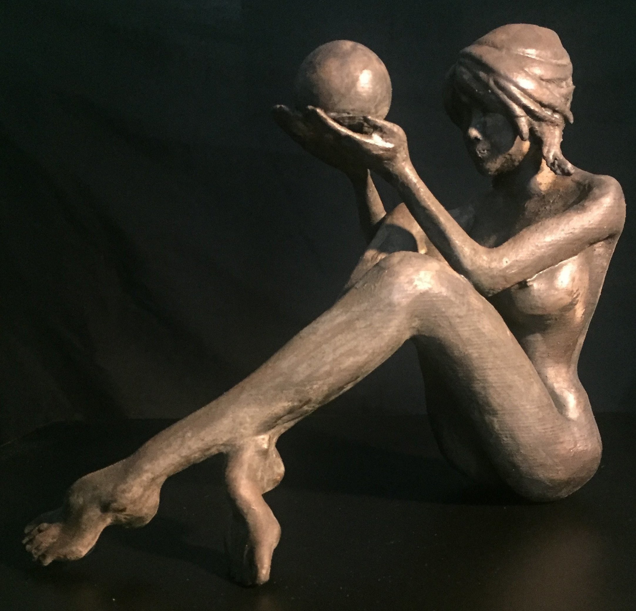 James Johnson: 'INTUITION 2nd edition', 2019 Bronze Sculpture, Nudes. Free shipping within the continental USA.  Understanding the present and knowing the future happens everyday.  She was created using a cold cast method where bronze powder is incorporated into another media.  The patina is created using liver of sulfur.  Limited edition of 150 with an artistaEURtms mark, date, and ...