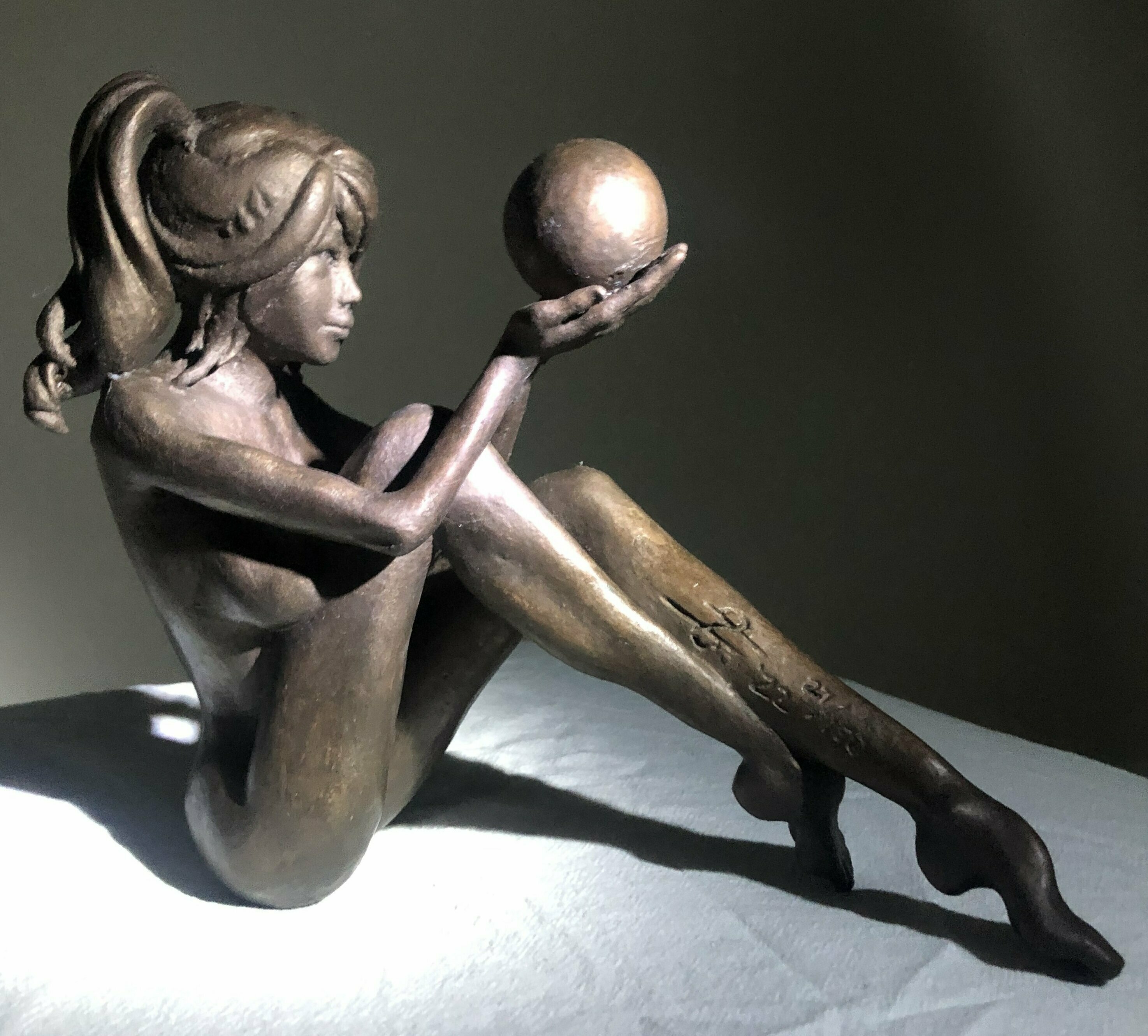 James Johnson: 'INTUITION 2nd edition', 2019 Bronze Sculpture, Nudes. Free shipping within the continental USA.  Understanding the present and knowing the future happens everyday.  She was created using a cold cast coat method where bronze powder is incorporated into another media.  The patina is created using liver of sulfur.  Limited edition of 150 with an artistaEURtms mark, date, ...