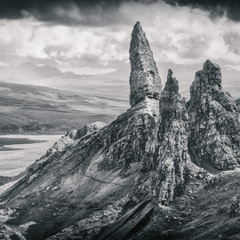 Jonathan O'hora: 'the old man of storr', 2014 Black and White Photograph, Landscape. Artist Description: The Old Man of Storr, Isle of Skye46  x 32  Lightjet print of Ilford B   W paperORIGINAL PRINT - Limited Edition of 20 Crafted Prints  LightJet print on Kodak Metallic: Original photo print with metallic gloss The Storr  Scottish Gaelic: An StA2r  is a rocky hill ...