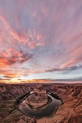 Jon Glaser: '180 degrees of sunset', 2016 Color Photograph, Landscape. Horseshoe Bend is portion of the Colorado river just outside of the town of Page in Arizona. The color of the rocks, cliffs and sand will change thoughout the day depending upon where the sun is located in the sky. In the distance are the Paria Plateau and Vermillion Cliffs. ...