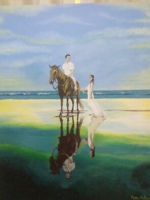 Phillip Matthews: 'the couple', 2023 Acrylic Painting, Humor. Original painting of  a coupl and horse on the beach. ...