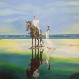Phillip Matthews: 'the couple', 2023 Acrylic Painting, Humor. Artist Description: Original painting of  a coupl and horse on the beach. ...