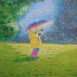Phillip Matthews: 'water baby', 2023 Acrylic Painting, Children. Artist Description: Happy little girl with umbrella in the rain. ...