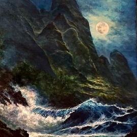 Joseph Porus: 'maui moon', 2017 Oil Painting, Beach. Artist Description: Paradise of Maui Inspired by Tobora works.  Great moonlight in cliffs and surf...