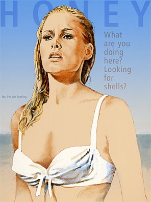 Trevor Heath: 'Honey', 2008 Giclee, Portrait.  Ursula Andress as Honey Ryder in Dr No. Each original fine art giclee print is individually made, numbered and signed by the artist. The print is created with lightfast pigmented inks in an eight- colour inkjet printer on Hahnemuhle archive quality FineArt Pearl 285 gsm.  ...
