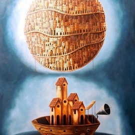 Tony Rodriguez  Juan Antonio Rodriguez Olivares: 'mysteries of a long journey', 2021 Oil Painting, Surrealism. Artist Description: This work makes us reflect on a question that we have always asked ourselves, where did we come from. That is why it is represented through objects, with floating cities and objects with different shapes. It represents the world, freedom, history and human experiences. ...