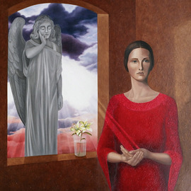 Judyta Bil: 'Kecharitomene', 2007 Oil Painting, Religious. Artist Description:  Painted in oil over a textured surface. Symbolic religious theme of annunciation. Kecharitomene means Full of Grace - the words the Angel Gabriel spoke to Virgin Mary. For more details contact me as I have close- ups of this painting. Protective coat that has a sheen would not let ...