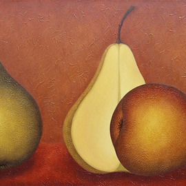 Judyta Bil: 'Two and a half pears', 2007 Oil Painting, Still Life. Artist Description:  Richly textured painting. Coat of protective finish gives the painting nice sheen. ...