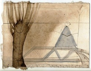 Julian Dourado: 'crossing the river', 2006 Other Drawing, Magical. Pen and watercolour on watercolour paper. Themes include birds, trees, willow tree, bridges, magic, myth, esoteric...