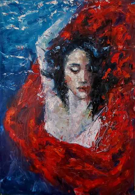 Artist Julia Tokar. 'Flamenco Underwater' Artwork Image, Created in 2021, Original Painting Acrylic. #art #artist