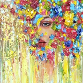 Julia Tokar: 'flora', 2022 Oil Painting, Floral. Artist Description: Lovely floral portrait with a reminder of Ukrainian women.  Their beauty is mysterious, and their strength can only be envied.  The rich gamma of the palette makes the work very expressive, and the theme embedded inside is very relevant. ...