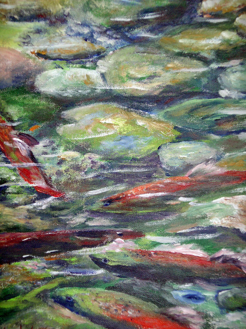 Julie Van Wyk  'Salmon Migration On Taylor Creek', created in 2011, Original Painting Oil.