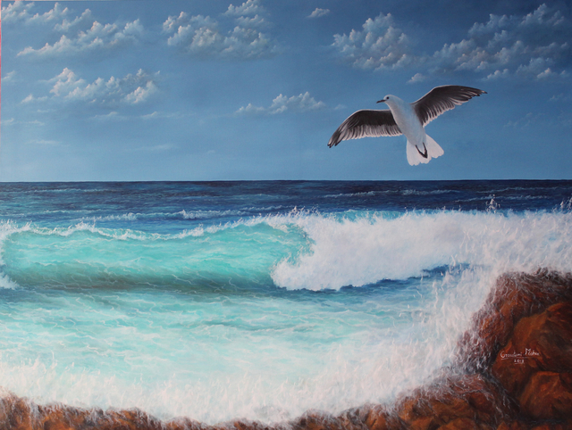 Goutami Mishra  'Sea Beach With Flying Bird', created in 2018, Original Painting Oil.