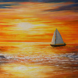 Goutami Mishra: 'sunset at sea', 2018 Other Painting, Seascape. Artist Description: This is an original oil painting done by knife only.  Its rich vibrant color and texture gives glossy royal look to your room.  Brightness of sunset and light and shadow effect on sky sea and sailboat adds extra charm in this painting.  Its multiple bright color is suitable ...