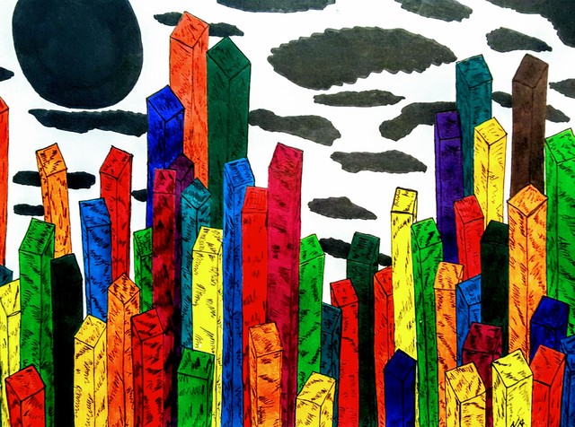 Artist Neal Alicakos. 'Cubic Skyscrapers' Artwork Image, Created in 2017, Original Drawing Ink. #art #artist