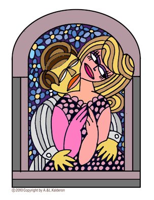 Asher Kalderon: 'KISS number3 by the window', 2013 Other Painting, Figurative.     KISS 4      ONE painting from edition of paintings digitally giclee printed in grotesque style and signed by the artist.  ALL KISS number. . . paintings are created  with somehow funny look about kisses, love, sex as presented in movies and TV stories. PASTEL soft and sensitive colors create sentimental feelings and nostalgia...