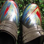 Hand Painted Abstract Frye Brown Leather Clogs 6m, Liz Chambers