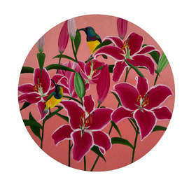 Kalpana  Dhiman Sharma: 'lily flower', 2020 Acrylic Painting, Floral. Artist Description: Lily Flower Painting, bird painting, Original Artwork, Acrylic colours, Round canvas, Wall Art , sun bird, wall art, home decor, gift, 1212 inches. ...