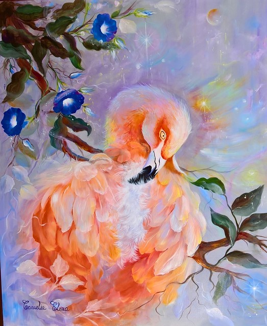 Artist Amara  Hellen . 'Pink Flamingo And Blue Flowers' Artwork Image, Created in 2017, Original Painting Oil. #art #artist