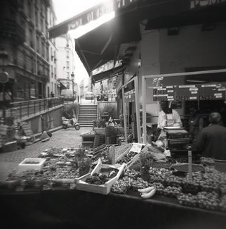 Karen Morecroft: 'Fruit Seller In Paris', 2009 Black and White Photograph, Urban.  A grocer on the streets of Paris, France selling fruit and other goods. Photo mounted on black card ( approx 6x8)  ...