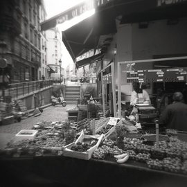 Karen Morecroft: 'Fruit Seller In Paris', 2009 Black and White Photograph, Urban. Artist Description:  A grocer on the streets of Paris, France selling fruit and other goods. Photo mounted on black card ( approx 6x8)  ...