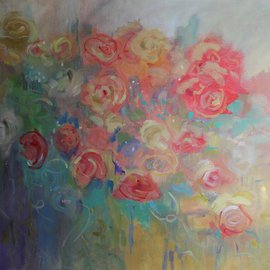 Karen Burnette Garner: 'Glorious', 2010 Acrylic Painting, Floral. Artist Description:  floral, original, abstract, painting, peach, yellow, blue, canvas, contemporary ...