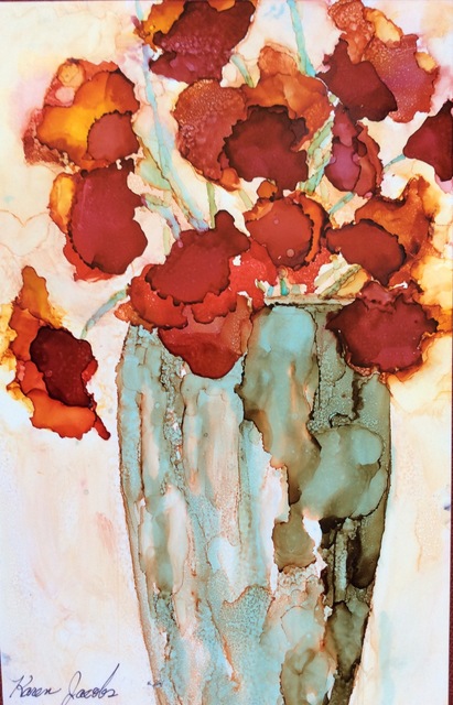 Artist Karen Jacobs. 'Red Flowers In Vase' Artwork Image, Created in 2017, Original Painting Ink. #art #artist