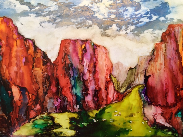 Artist Karen Jacobs. 'Rainbow Canyon' Artwork Image, Created in 2018, Original Painting Ink. #art #artist