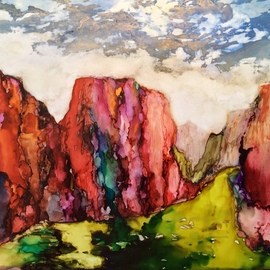 Karen Jacobs: 'rainbow canyon', 2018 Ink Painting, Abstract Landscape. Artist Description: Original ink on paper.  Includes white mat, backer board and protective sleeve.  Outside dimension is 11 x 14 and fits in standard frame.  Numbered prints also available. ...
