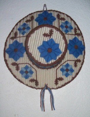 Kathie Freeman: 'Country Cover', 2012 Fiber, Floral.  Blue and Beige Needlepoint HatThis lovely wall decor is worked over plastic canvas and measures 14 inches in diameter. Perfect for bedroom or family room ...