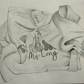 Kathryn Long: 'who i am', 2023 Graphite Drawing, Education. Artist Description: This is a drawing out of graphite that is of a sweatshirt that holds a lot of value to me. I am recently a teacher and so I decided to draw this sweatshirt that was thrown on the bed after a long day. It was gifted to me ...