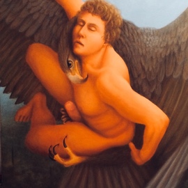 Michael Kehrlein: 'abduction of ganymede', 2016 Oil Painting, Erotic. Artist Description: Zeus looked down on the earth and saw Ganymede the most beautiful human. Changing onto the form of an eagle Zeus swept down and abducted the beautiful young man. With one set of claws he held the young mans thigh and the other grasping his genitalia Zeus flew ...