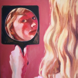 Anyck Alvarez Kerloch: 'blond in mirror', 2023 Acrylic Painting, People. Artist Description: Acrylic work on an unmounted canvas. A young woman is looking at the viewer through her reflection in the mirror she is holding.  Use of warm tones. ...