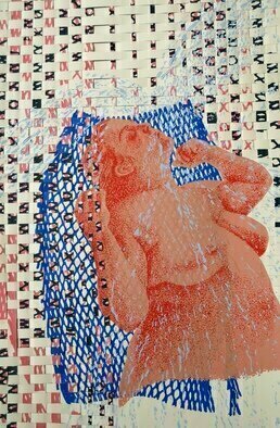 Anyck Alvarez Kerloch: 'woman in the shower', 2023 Serigraph, Nudes. Young woman taking a shower. Belongs to a series of works dealing with intimate everyday life moments. Silkscreen and paper weaving using discarded prints. ...